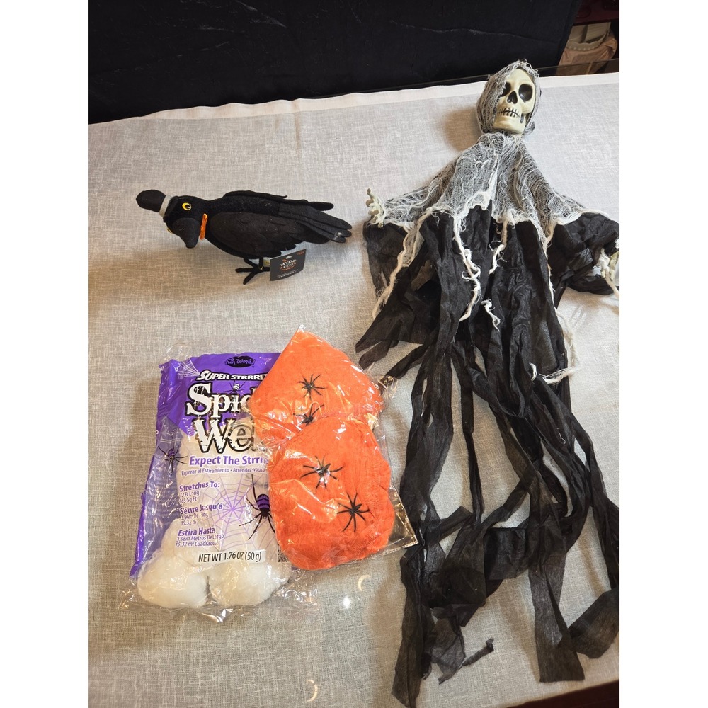 Halloween Decor Lot Hyde & EEK Crow Skeleton Reaper Spider Webbing Bundle